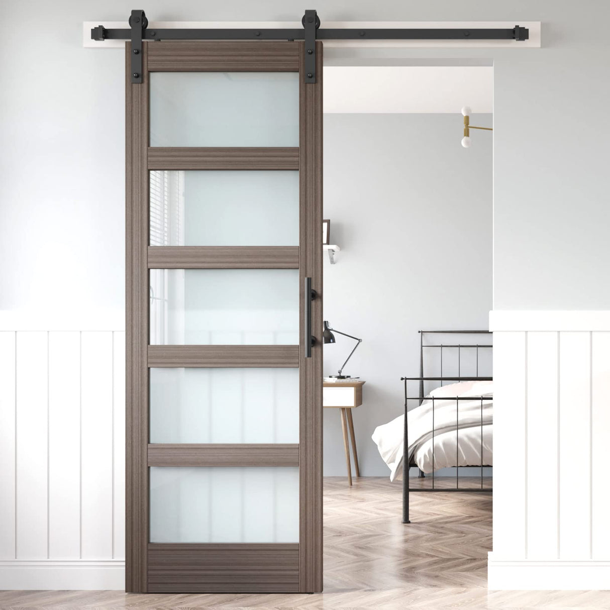 ROYMELO 30 x 84 Inch Glass Sliding Barn Door Slab and 5.5ft Hardware Kit Included, MDF Wood Panel Covered with Water-Proof Scratch-Resistant PVC Surface, Easy to Clean, Simple DIY Assembly ROYMELO