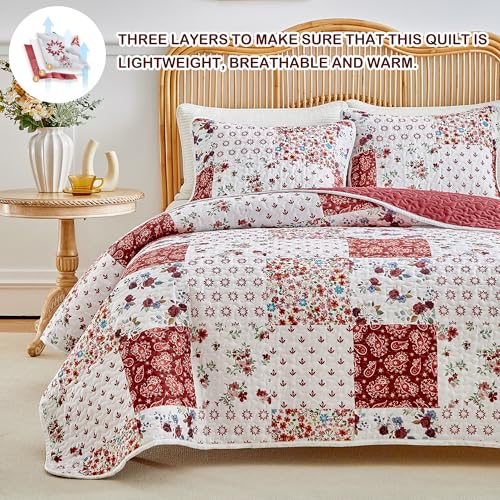 Joyreap 3 Pieces Floral Patchwork Quilt Set Twin, Burgundy Red n White Flowers Design, Smooth Soft Microfiber Quilt, Bedspread Bed Cover for All Season, 90x90 inches Joyreap