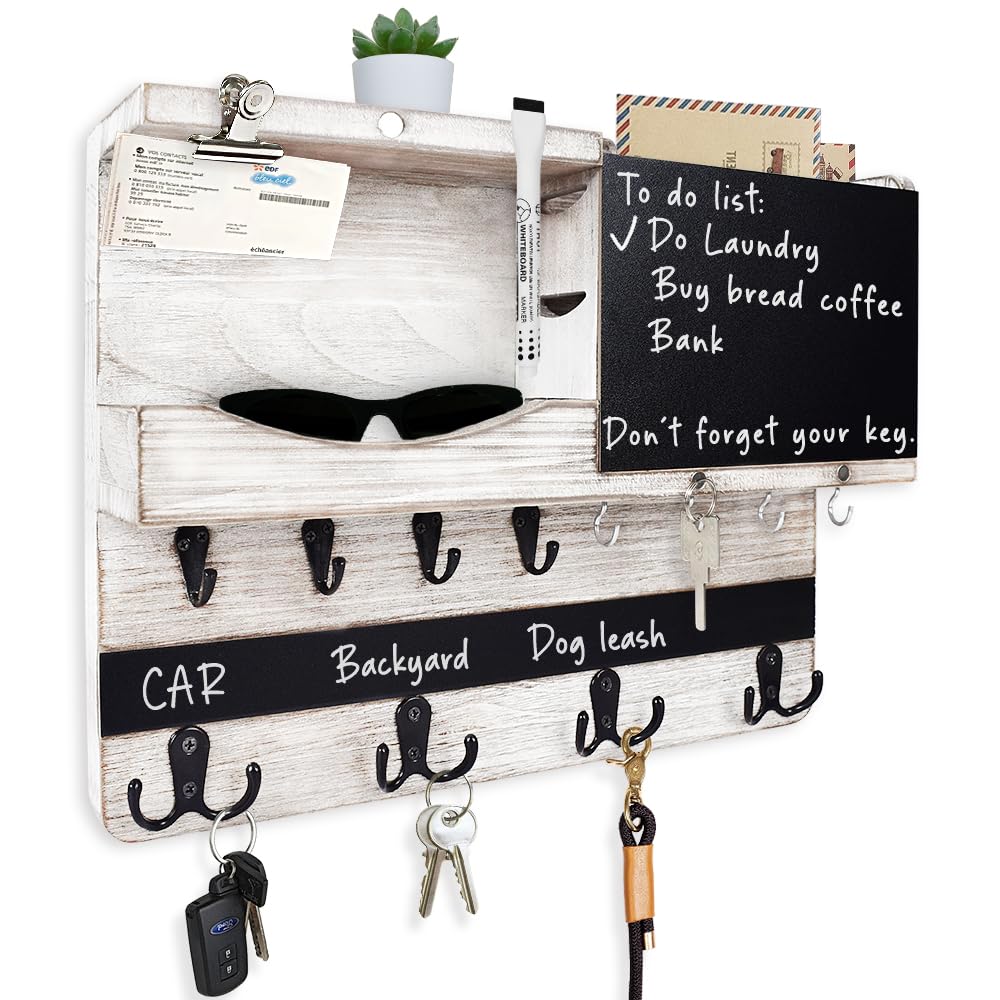 Farmhouse Key and Mail Holder for Wall Decorative, Rustic Mail and Key Organizer for Wall with Different Hooks, Chalkboard, Key Holder Wall Mount with Shelf, Basket, Clips(Pine Wood, White Washed) HEKOOLA