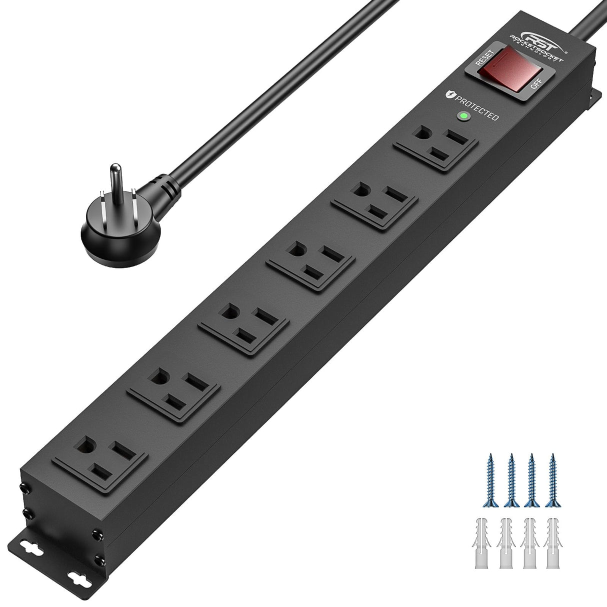 CRST 6 Outlet Heavy Duty Power Strip with Switch, 15A/1875W Metal Mountable Power Strip Surge Protector 2100Joules, Wide Spaced Power Bar for Garage Worshop Home School, 6 FT Cord CRST