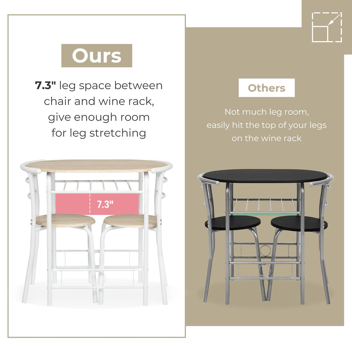 VINGLI 3 Piece Dining Set,Small Kitchen Table Set for 2,Breakfast Table Set,Kitchen Wooden Table and 2 Chairs for Small Space/Dining Room/Apartment,Metal Frame,Wine Rack,White&Light Oak VINGLI