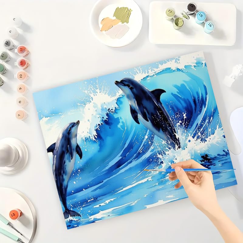 Marine Life Paint by Numbers Kit for Adults - DIY Dolphins Surfing Ocean Waves Painting on Canvas 16x20 Inches, Acrylic Paint Set, Suitable for Beginners, Sea Art for Home Decoration or Gifts DecorFriday
