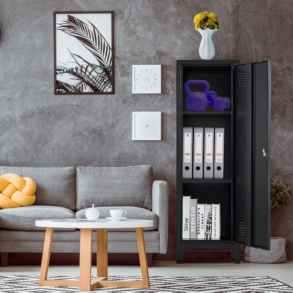 iCHENGGD Metal Cabinet, 47" H Home Office Storage Lockers, Vertical Steel Storage Cabinet with Locking Door and 2 Adjustable Shelves, Small Metal Locker Cabinets (1 Door, Black) iCHENGGD