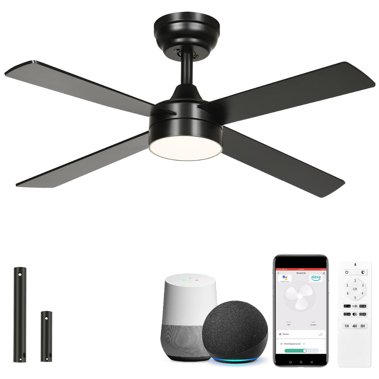 YITAHOME 48 Inch Black Ceiling Fan with Lights and Remote,4 Blades, App Control, Modern Smart Ceiling Fan Compatible with Alexa for Indoor, Reversible Quiet Motor, Memory Function YITAHOME