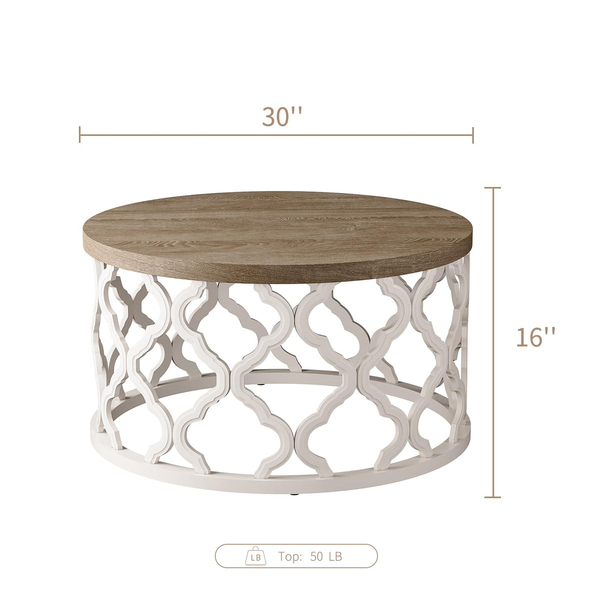 karlott Farmhouse Coffee Table, French Country Round Coffee Table, Coastal Coffee Table with Distressed Top, Boho Coffee Table with Curved Motif Frame Base for Living Room, Dining Room, Bedroom karlott