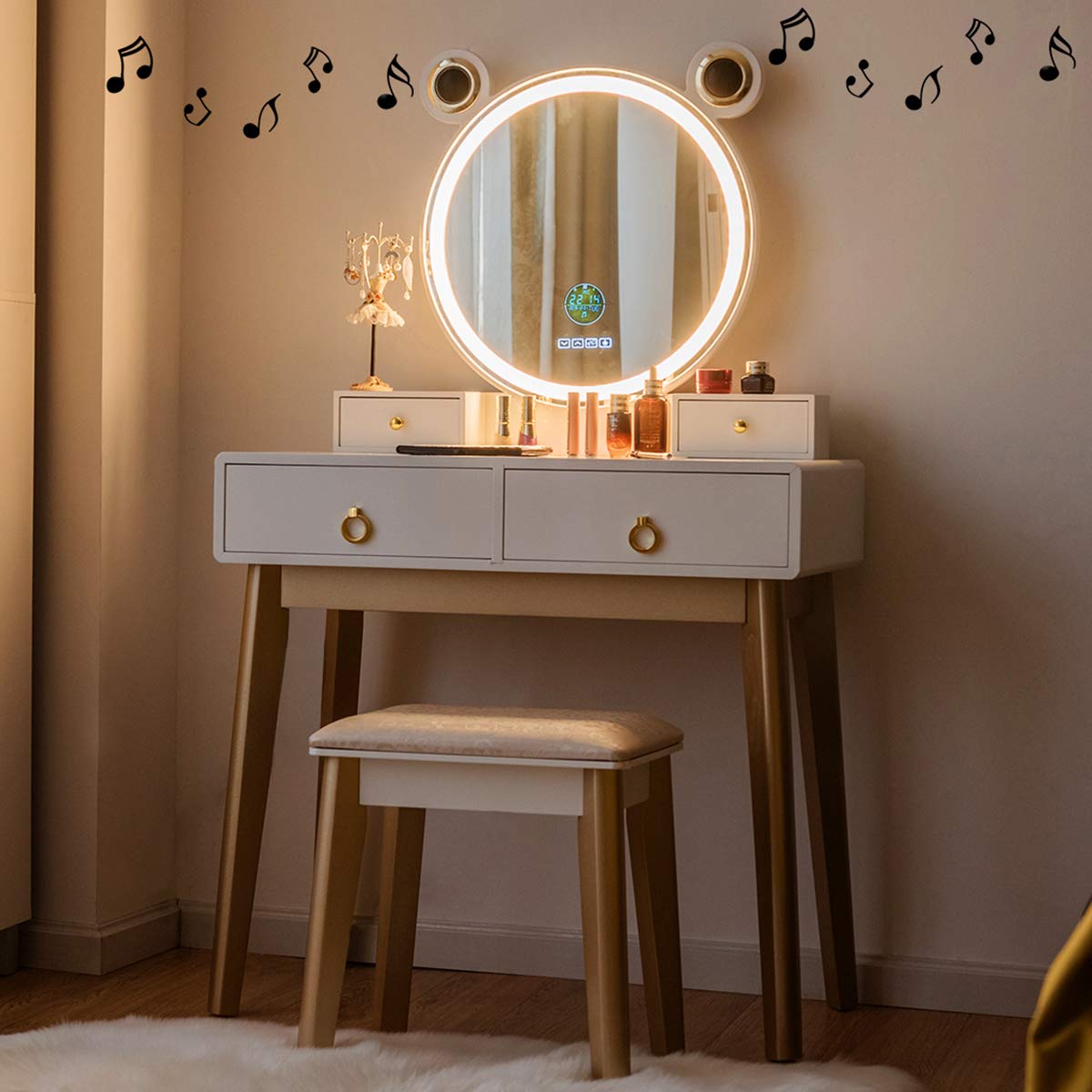 CHARMAID Vanity Set with Lighted Mirror, 3 Color Touch Screen Dimming Mirror with Display, 4 Drawers with Jewelry Organizer, Bedroom Makeup Dressing Table with Cushioned Stool CHARMAID