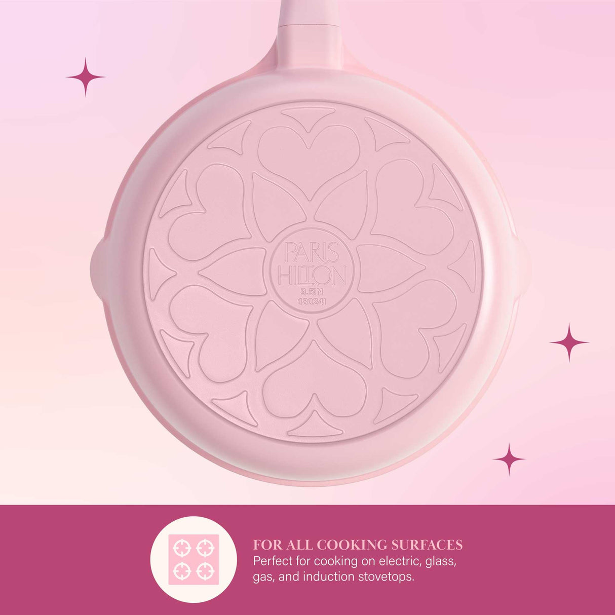 Paris Hilton Ceramic Nonstick Cookware Set, Cast Aluminum with Dual Layer Nonstick Coating, Gold Heart Knobs, Stay-Cool Handles, Made without PFAS, PFOA, PFOS & PTFE, Dishwasher Safe, 10-Piece, Pink Paris Hilton