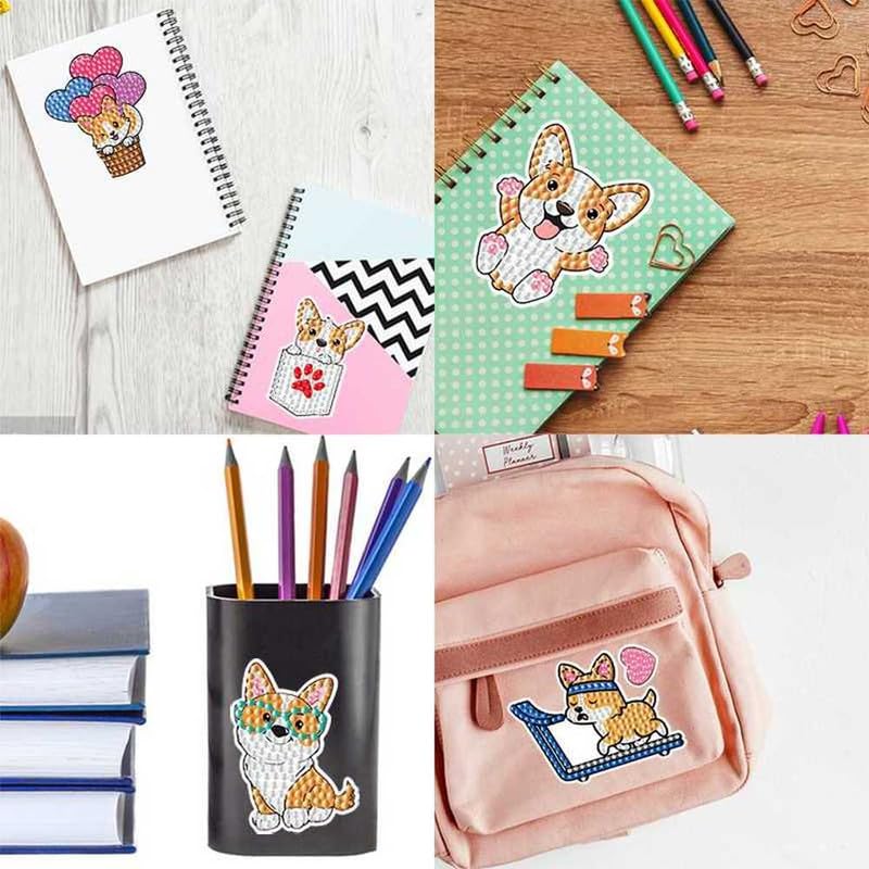 MEGZIHXN Kawaii Diamond Art Stickers,Corgi Puppy Peach Butt Sports Bath Hot Air Balloon Rainbow Love with Holographic Stickers Gem Painting Diamond Art Kits for Kids MEGZIHXN