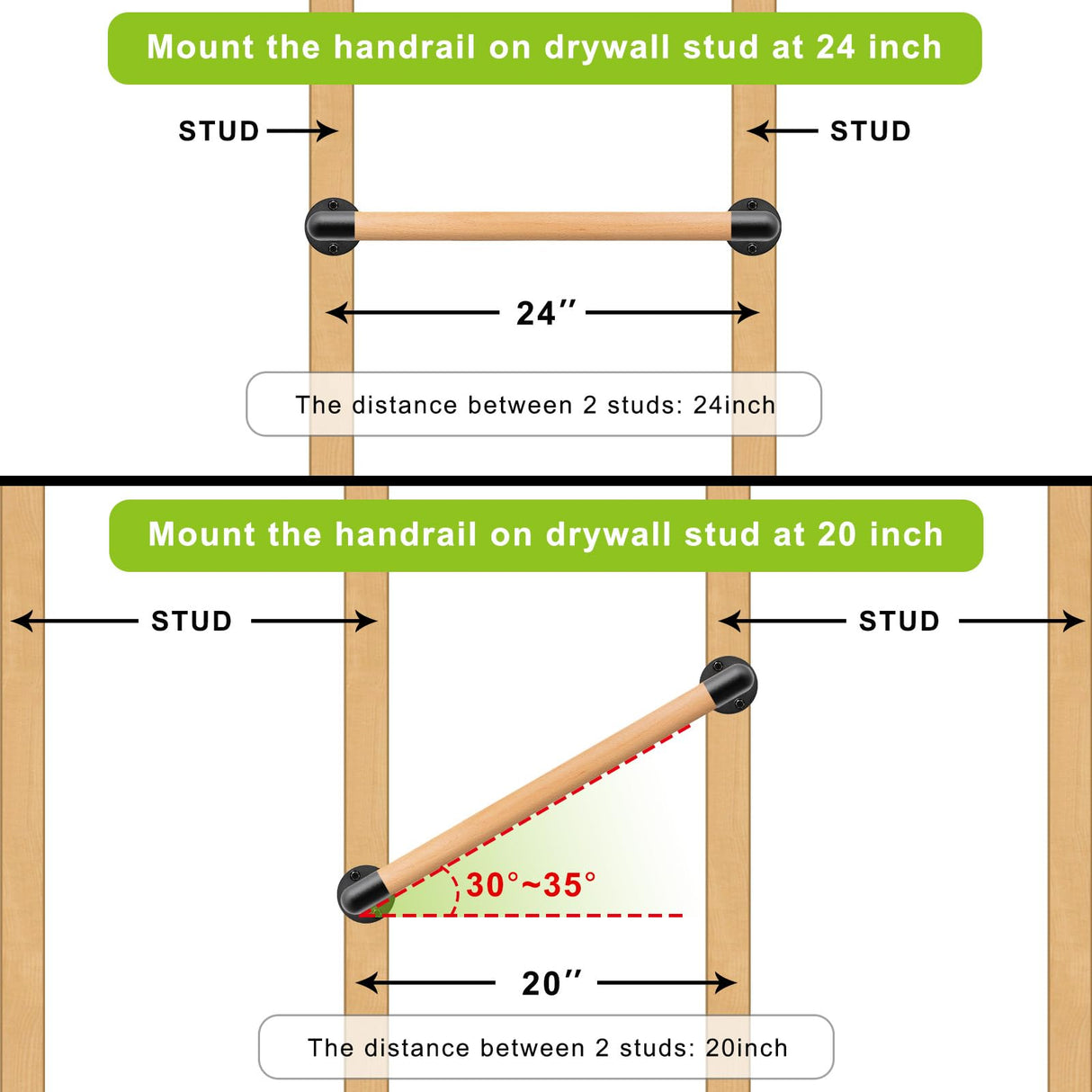 SELEWARE 26 Inch Wood Handrail Stair Handrail Drywall or Concrete Mount Handrail w/Sturdy Metal Base, Barrier-Free Staircase Grab Bar for Elderly, 1.3 Inch Round SELEWARE
