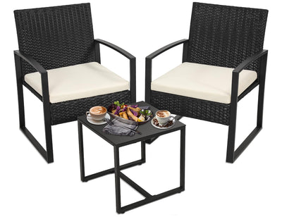 Murago 3 Pieces Wicker Patio Bistro Sets, Rattan Conversation Set with Coffee Table, for Balcony, Porch, Garden, Yard, Poolside, Black Frame with Beige Cushion