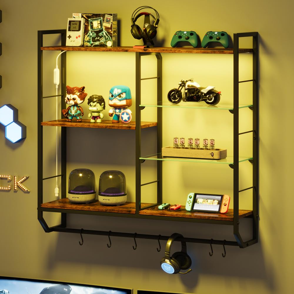 EYCOAL Gaming Floating Shelves, Wall Mounted Wooden Decor Display Shelf with 34" LED Lights and Adjustable Glass Bar Wine Shelf, Extra Hanging Hooks Storage for Gaming Room and Living Room EYOCAL