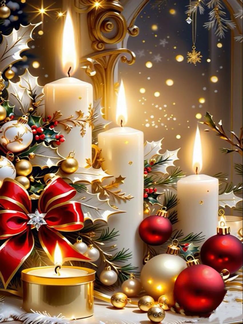 Mrnsiet Christmas Diamond Painting Kits for Adults, Christmas Candles Diamond Art for Beginners, 5D Round Full Drill Winter Diamond Painting Gem Art Kits for Home Wall Decor 12x16inch Mrnsiet
