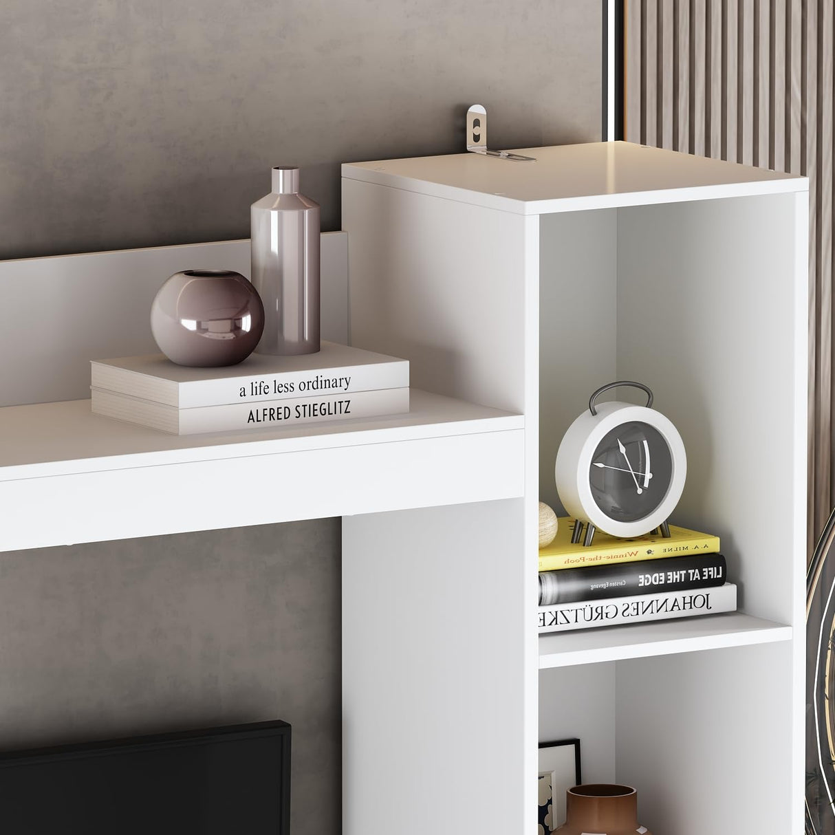 AIEGLE Minimalism Wall Unit TV Stand Set with Bridge for TVs up to 65", 81.1" TV Stand with Bookshelves, Entertainment Center Media Console Table with 4 Hidden Shelves & 8 Open Shelves, White AIEGLE