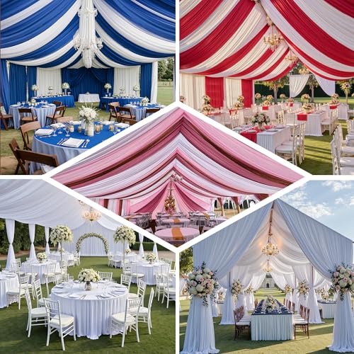 50ftx40ft White Ceiling Curtain for Wedding Parties – 10 Panels Wrinkle-Free 40 FT Long Tent Draping Curtains for Wedding, Birthday & Theme Parties, 40ft Height with Rod Pocket Party Village