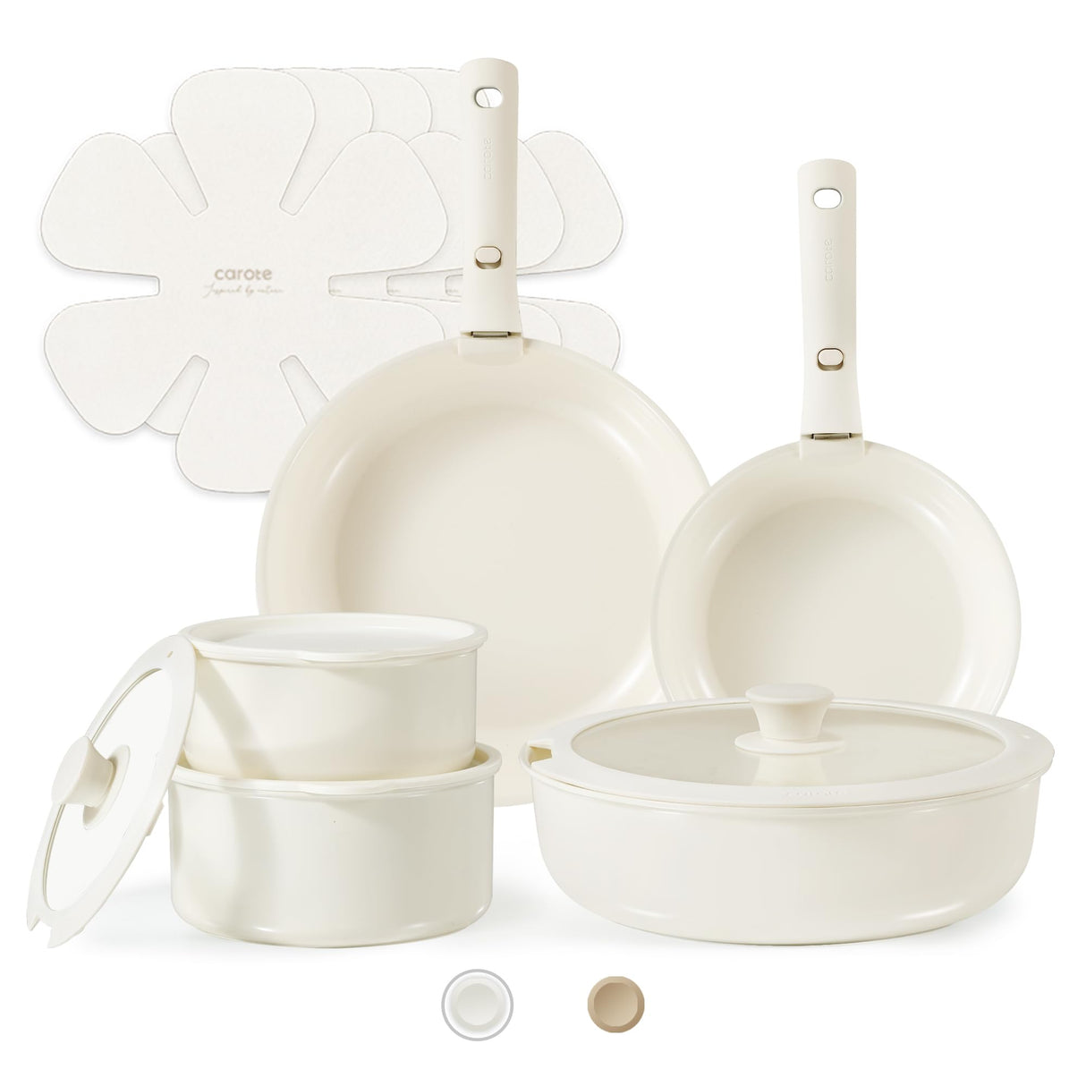 CAROTE 15pcs Ceramic Cookware Set, Pots and Pans Set Non Stick, Induction Kitchen Cookware Sets, Non Stick RV Cookware Set with Detachable Handle, Dishwasher/Oven Safe Cookware Set, Cream White CAROTE