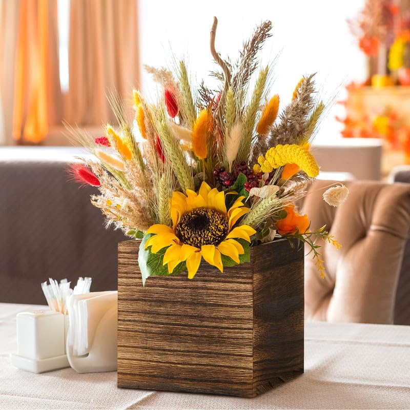 Dandat 12 Set Wood Cube Planter Box Square Wood Vase Rustic Cube Planter Box with Removable Plastic Liner Floral Foam Blocks for Centerpieces Home Wedding Garden Decor, Country Style (Brown) Dandat