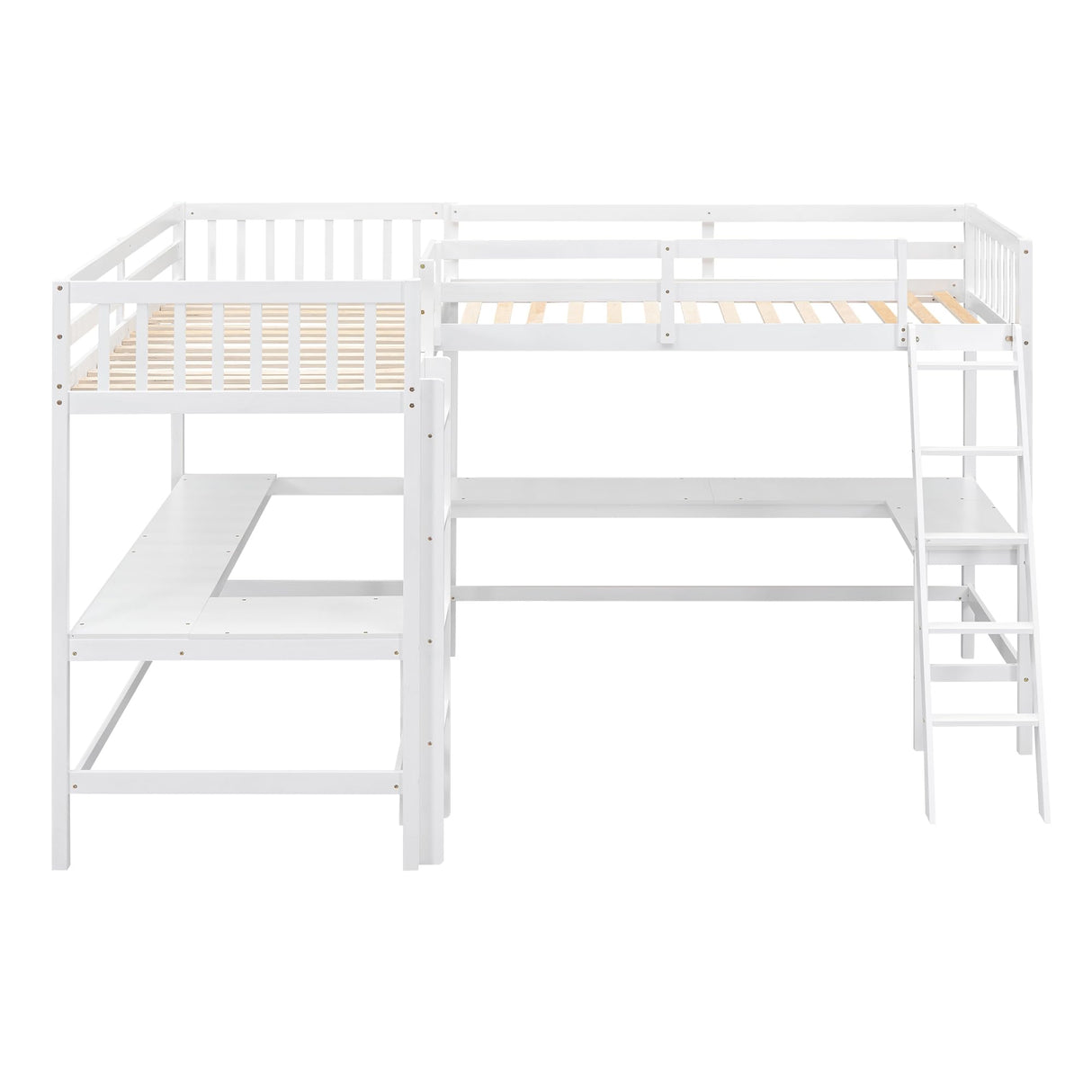 CITYLIGHT L-Shaped Loft Bed with 2 Built-in L-Shaped Desks,Wood Twin Size Loft Bed with Desk Underneath for Kids,Double Loft Beds with Guardrails and Ladders for Boys Girls Teens,White CITYLIGHT
