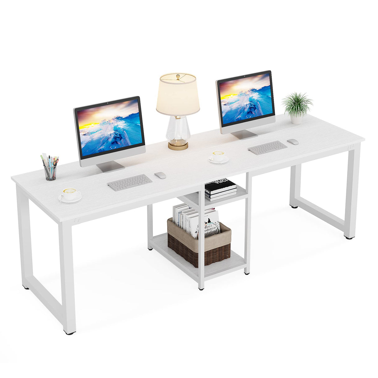 LITTLE TREE 78 Inch Home Office Desks for 2 Person, Extra Long Writing Workstation for Two Person Desk, Double Computer Gaming Table with Storage, White LITTLE TREE
