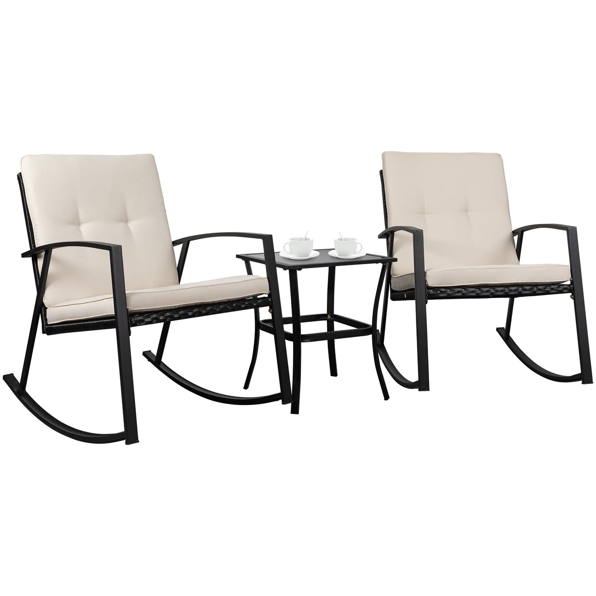 Shintenchi 3 Pieces Rocking Bistro Set Wicker Patio Outdoor Furniture, 2 Rattan Porch Chairs Conversation Sets with Glass Coffee Table (Beige) Shintenchi