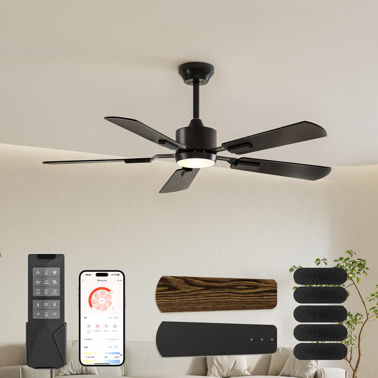 CubiCubi Ceiling Fans with Lights - 52 inch Black Ceiling Fan with Light and Remote/APP, Dimmable, Super Quiet, Modern Ceiling Fan for Indoor Bedroom, Living Room, Kitchen CubiCubi
