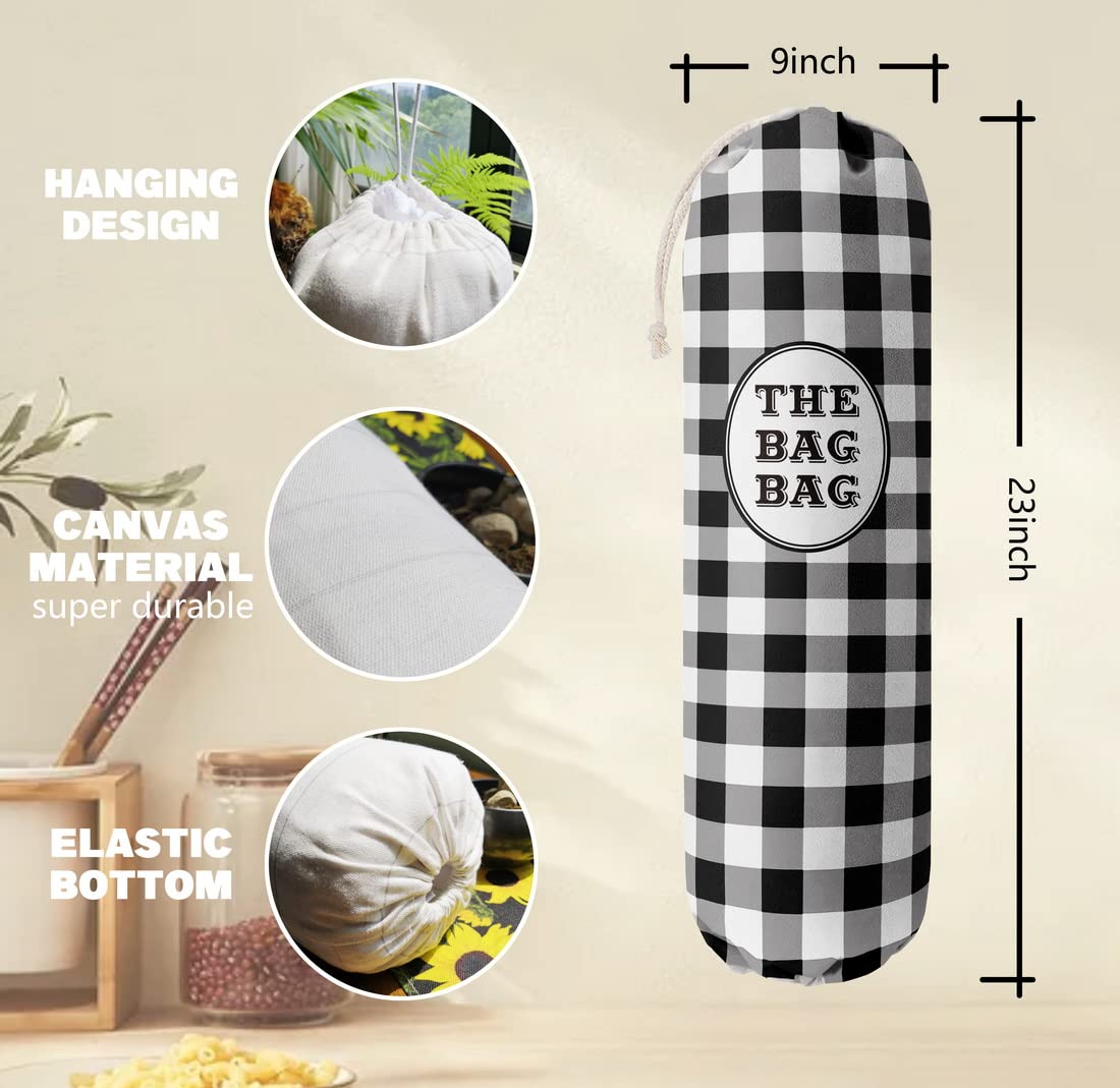 Black White Buffalo Check Plaid Grocery Bags Holder Organizer For Shopping Bags,Wall Mount Plastic Bags Storage Container Dispensers, Kitchen Housewarming Gifts For Women Family Friends Grandma Mom HiLus