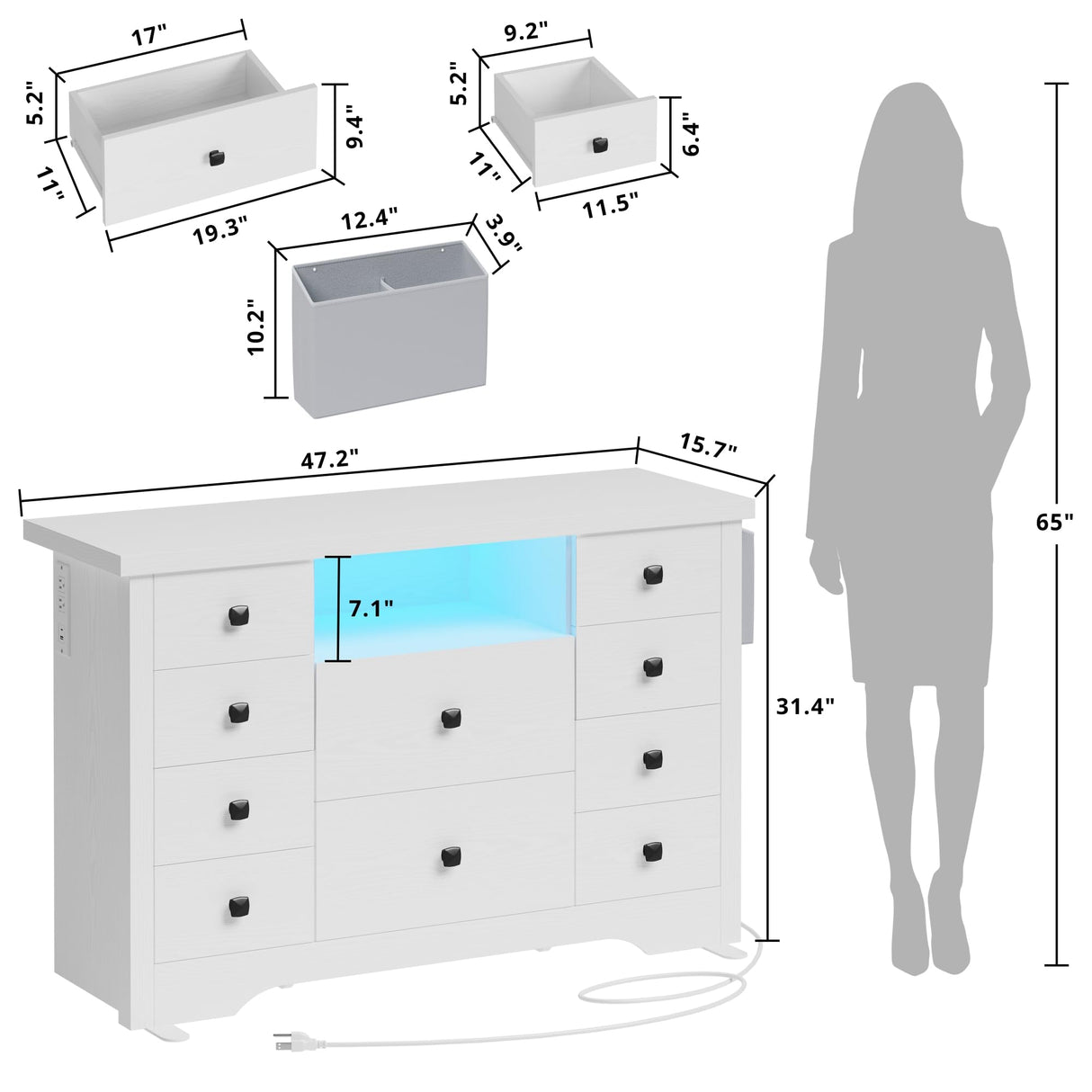 LIKIMIO Dresser with 10 Drawers, Bedroom Wooden Chest of Drawers with LED Lights and Power Outlets, Fabric Side Pocket, TV Stand for Living Room, White LIKIMIO