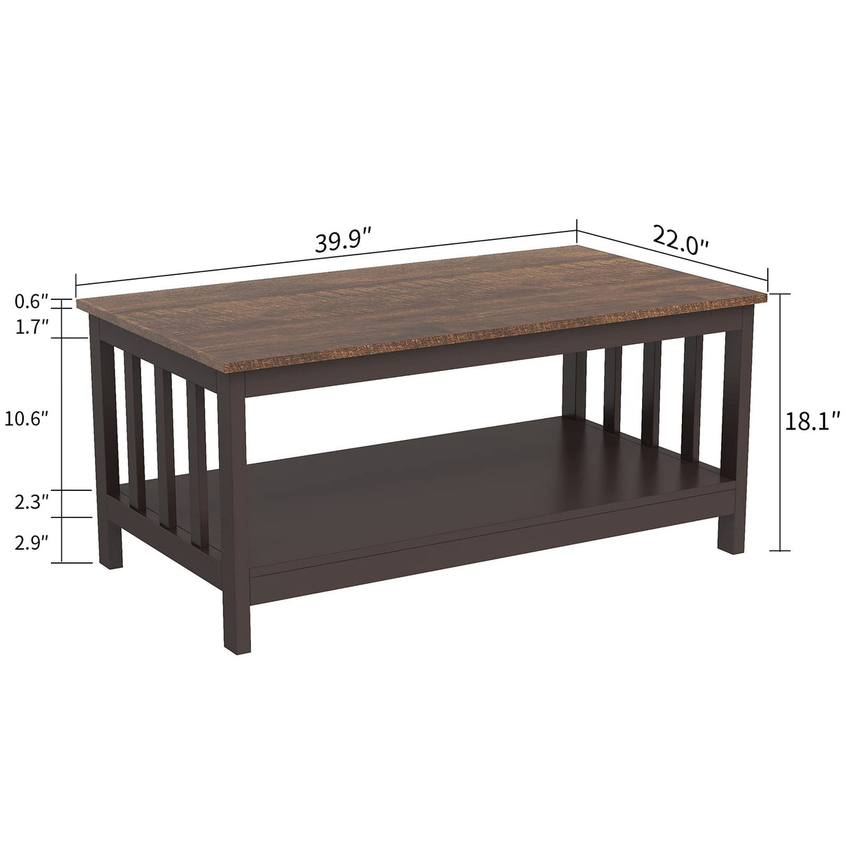 ChooChoo Farmhouse Coffee Table, Espresso Living Room Table with Shelf, 40 Inch ChooChoo