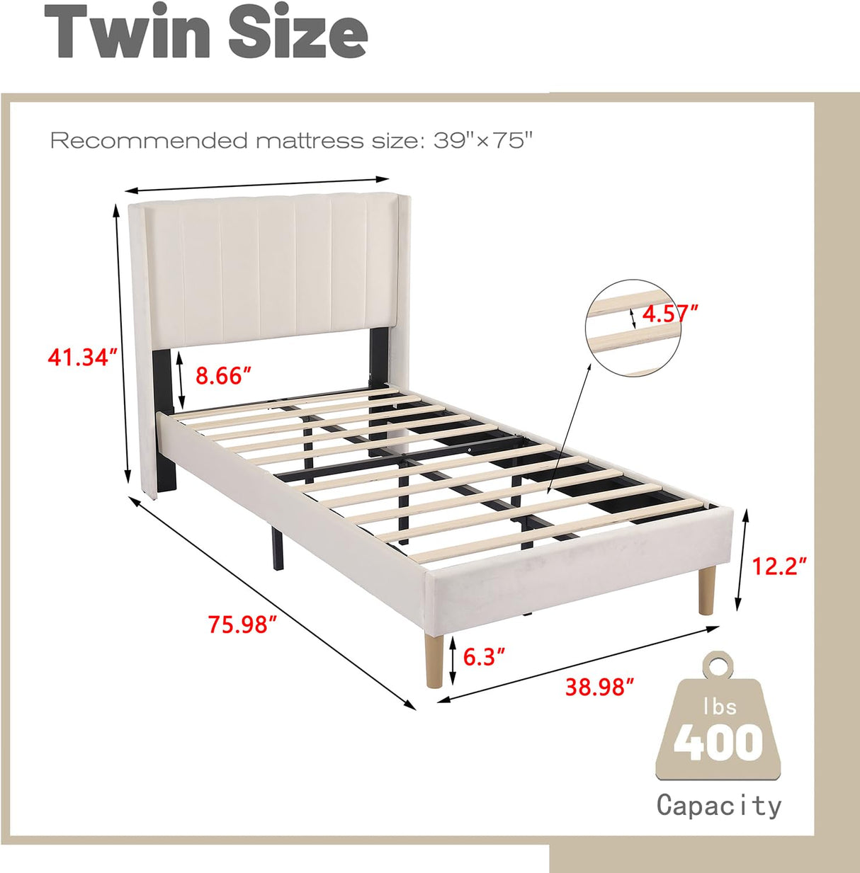 AGARTT Upholstered Platform Bed Frame Twin Size with Headboard and Footboard/Wooden Slats Support/No Box Spring Needed/Easy Assembly,Beige Velvet AGARTT