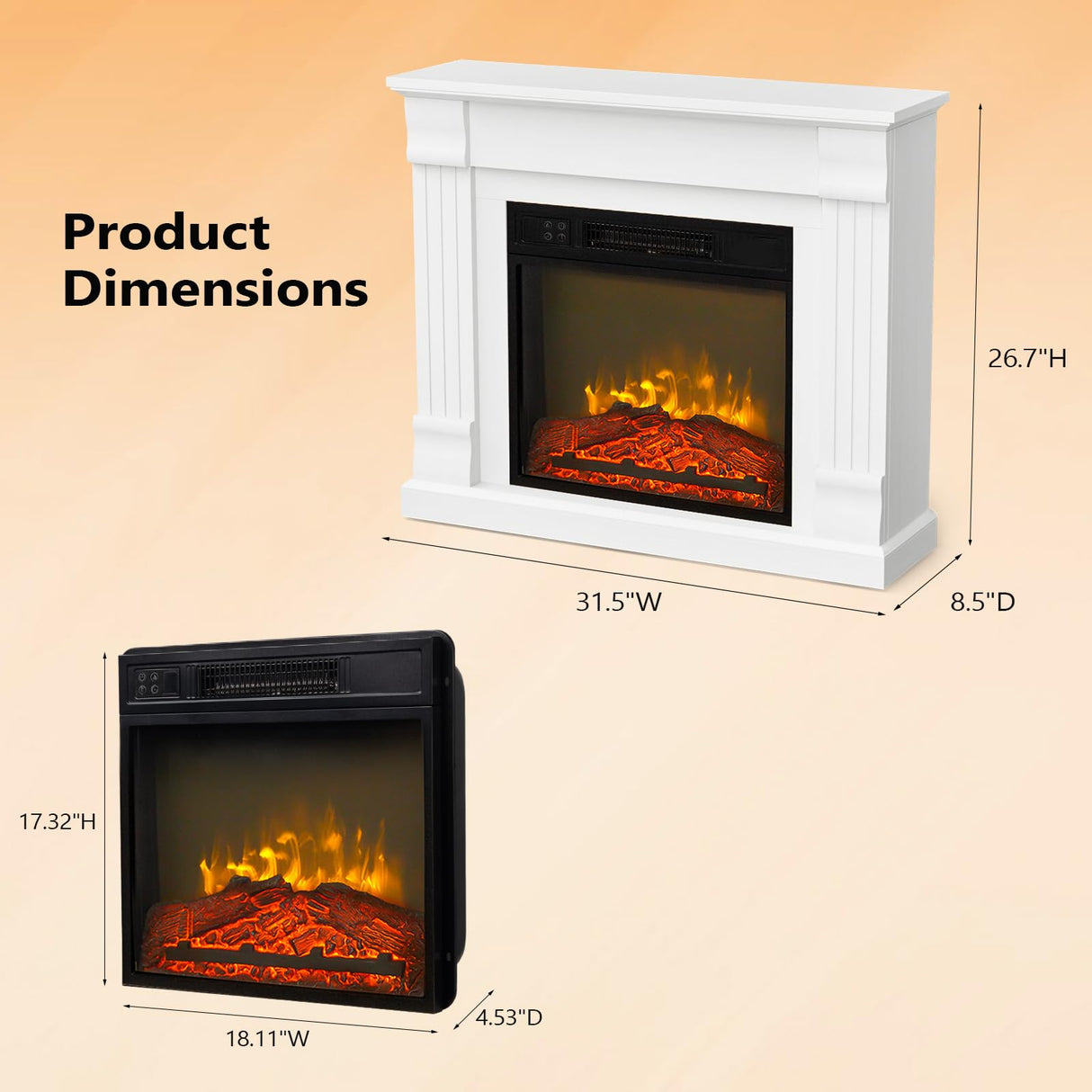 ROVSUN 32'' Electric Fireplace with Mantel, Freestanding Heater w/Remote, Timer, Realistic Flame & Adjustable Temperature for Home Bedroom Living Room Indoor, 1400W ROVSUN