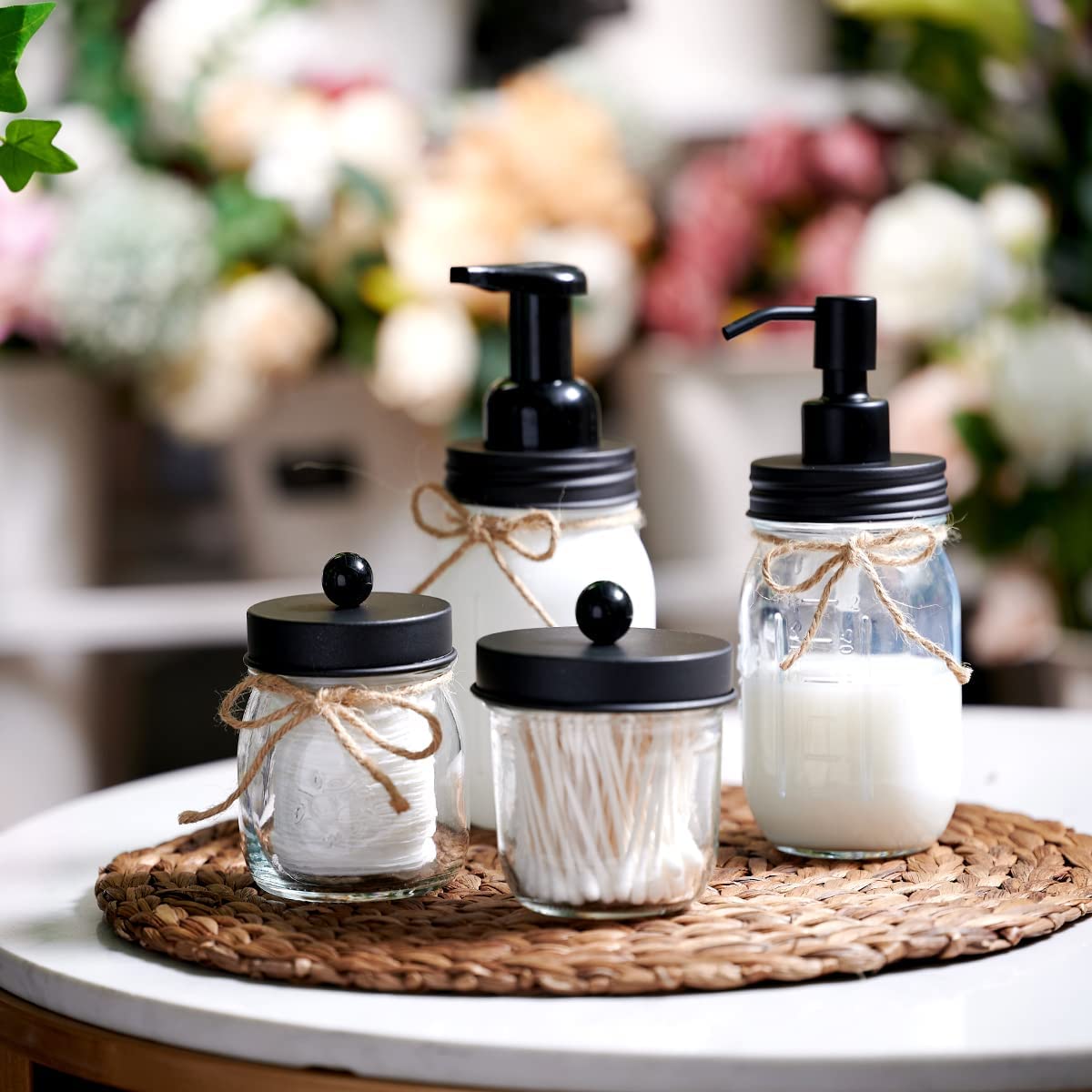 Amolliar Mason Jar Bathroom Accessories Set 4 Pcs -Lotion Soap Dispenser & 2 Cotton Swab Holders & Toothbrush Holder - Rustic Farmhouse Decor, Bathroom Home Decor, Perfect Decorating Idea (Black) Amolliar