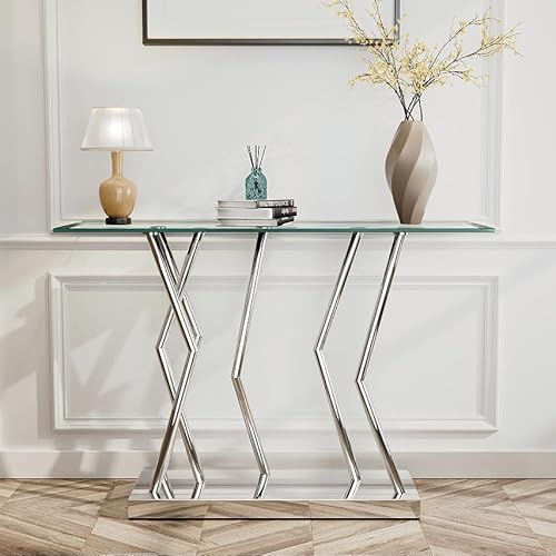 BECHAEO Tempered Glass Console Table for Entryway, 43.3" Modern Console Table with Chromed Legs, Silver Sofa Table for Living Room Hallway Entryway BECHAEO