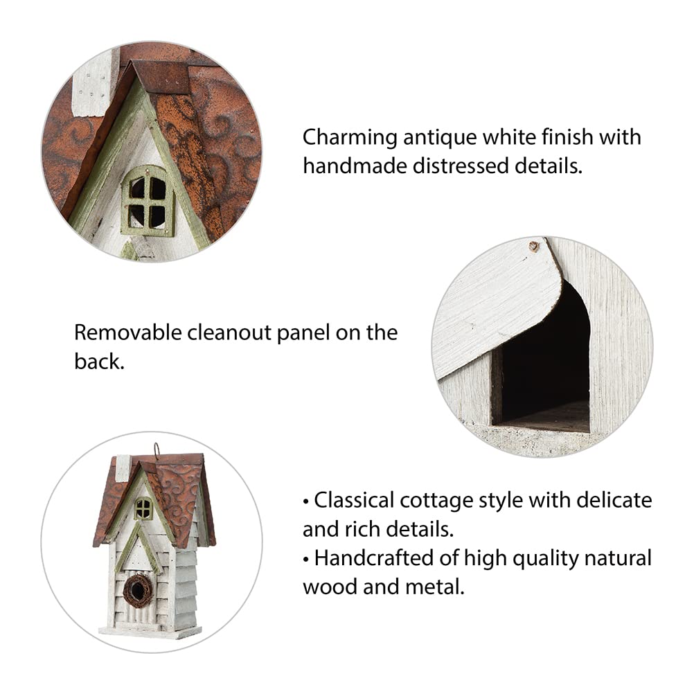 Glitzhome 12" H Washed White Distressed Solid Wood Cottage Birdhouse Hanging Bird House for Outdoors Glitzhome