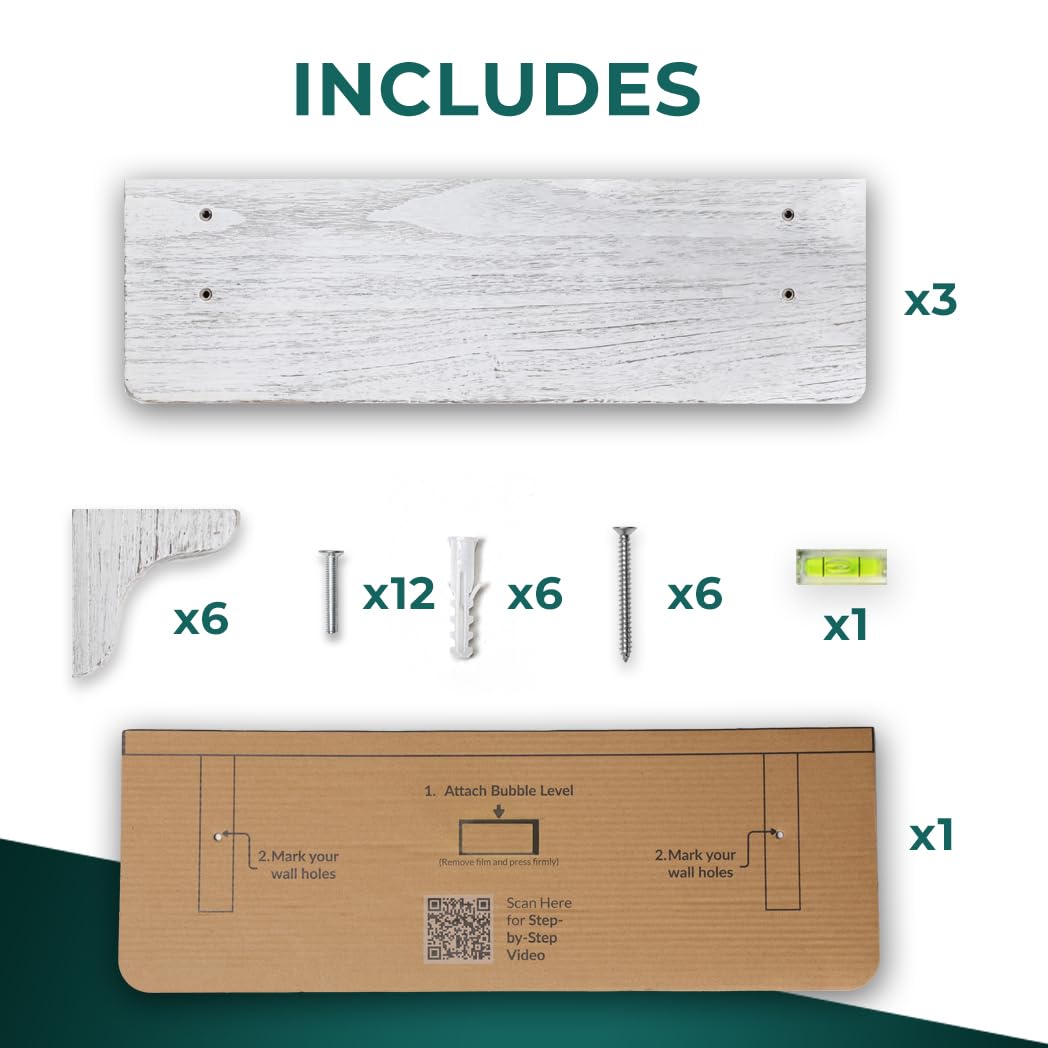 Real Wood Rustic White Farmhouse Wall Shelves - 17 inch (3 Pack) - Easy to Install, Template and Video Included - White Washed Floating Shelves, Antique Floating Shelves Willowy