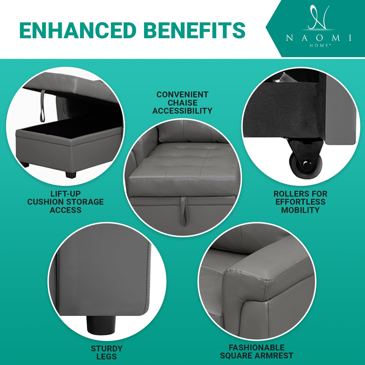 Naomi Home Jenny Sectional Sofa Sleeper with Storage Chaise, Tufted Pull Out Couch with Storage, Sectional Bed, L-Shaped Reversible Sleeper Sofa, Gray,Air Leather Naomi Home