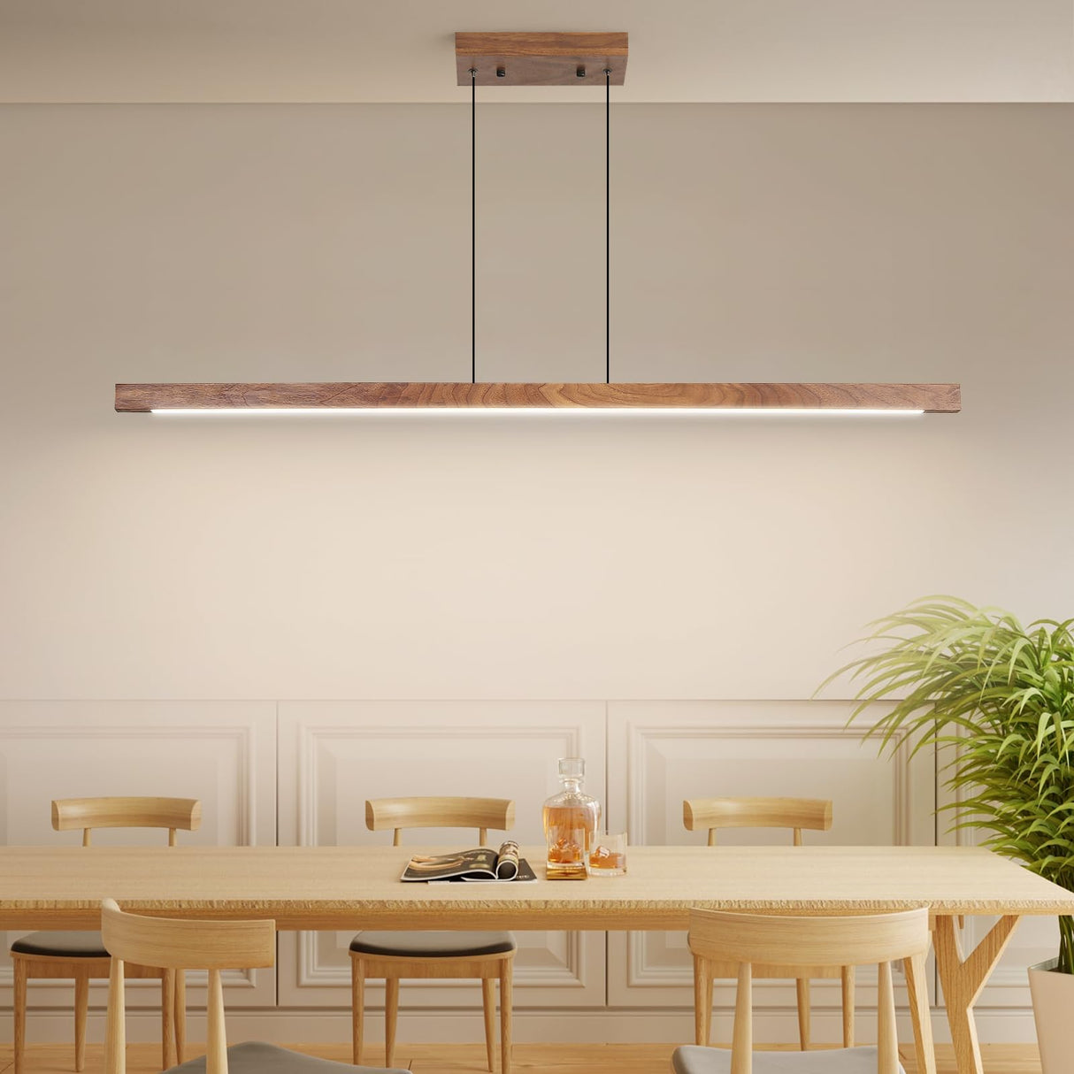 Mikeru Linear Chandelier, 47" Modern Chandelier Walnut LED Dimmable 3000k-6000k Wood LED Pendant Light, Hanging Light Fixture for Restaurant Bar Office Living Room Mikeru