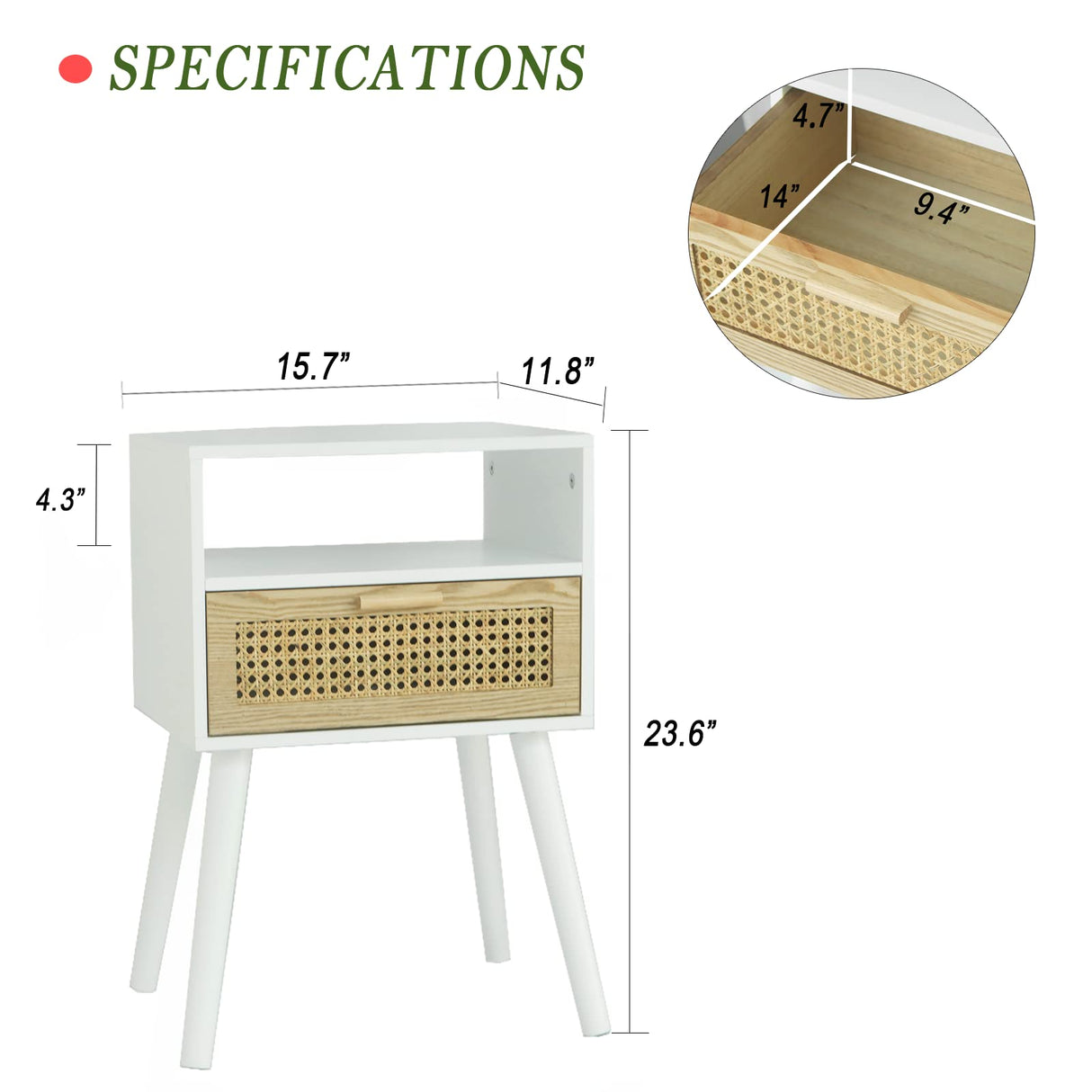 MaxSmeo White Nightstand with Drawer, Mid Century Modern Nightstand, Rattan Side Table, End Table with Storage for Living Room, Bedroom and Small Spaces, Easy Assembly (White) MaxSmeo