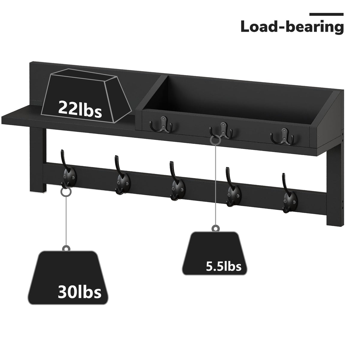 AMBIRD Wall Hooks with Shelf 26.57inch Entryway Wall Hanging Shelf Wood Coat Hooks for Wall Coat Rack Wall Mount Rack with 5 Dual Hooks 3 Key Hooks Mail Organizer and Key Rack Key Holder (Black) AMBIRD