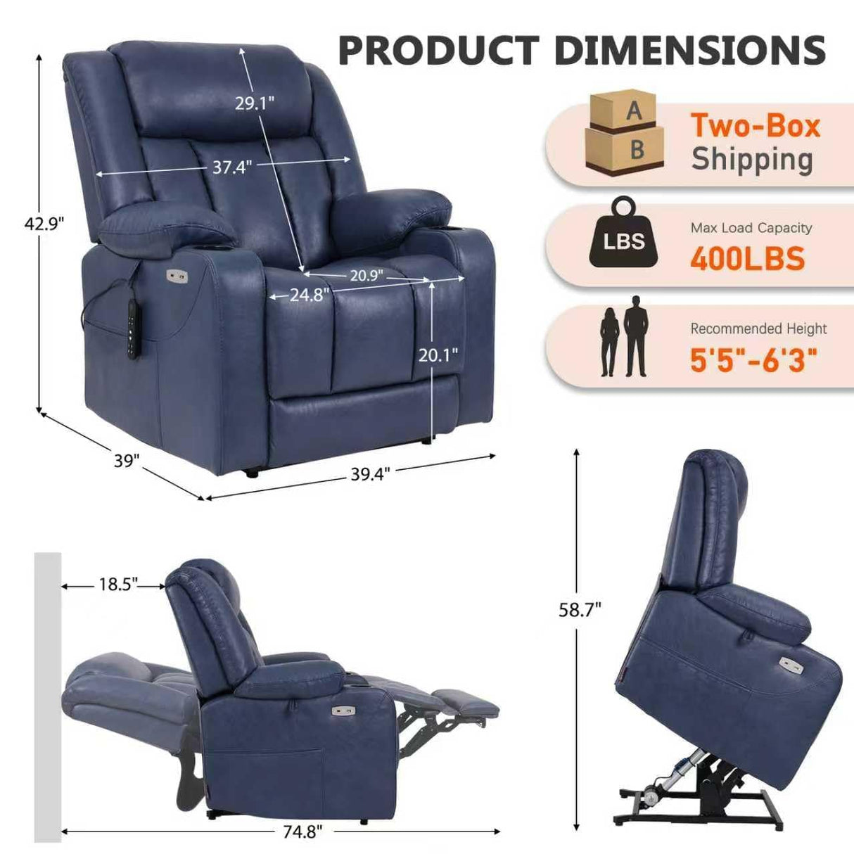 EONIX Dual Motor Oversized Power Lift Recliner Chair for Elderly, 400lbs Heavy Duty Faux Leather Recliner with Massage and Heat, Big and Tall Lay Flat Lift Chair with Cup Holders, SLRY006, Navy Blue EONIX