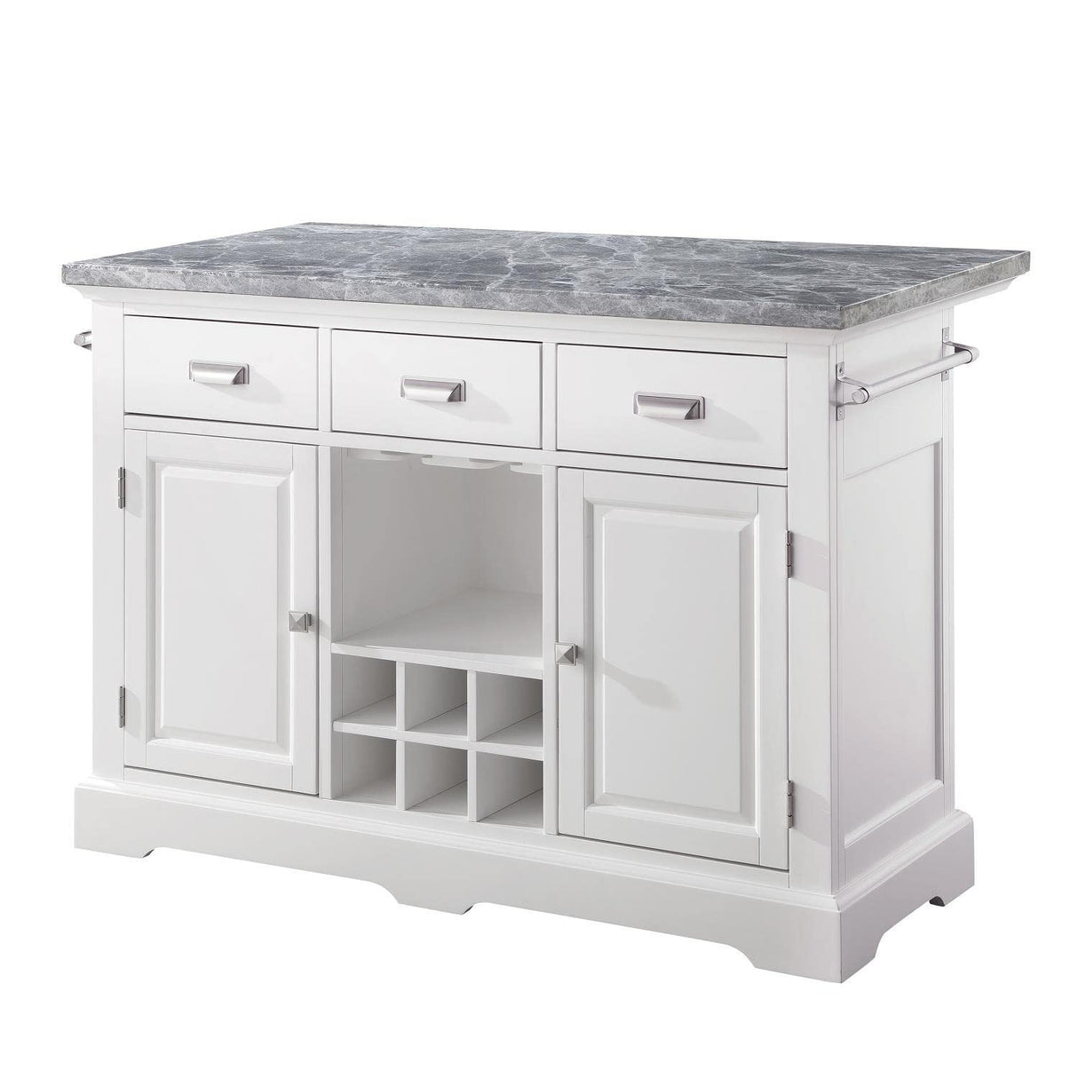 Steve Silver Furniture Zermatt Marble Kitchen Island Counter, 48" Grey Marble Top w/ Dual Storage Doors, 3 Drawers, Wine Rack, Dual Towel-Rack, Seats 2, (Island Only), 48"L x 28"W x 36"H, Grey, White Steve Silver