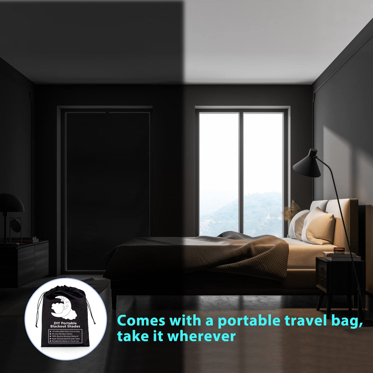 100% Portable Blackout Curtains - (157" x 59") Blackout Shades Cut to Size, Black Out Blinds for Window with Strong Hook & Loop Tabs, Travel Temporary Blackout Blinds for Nursery, Bedroom & Car BCJJ