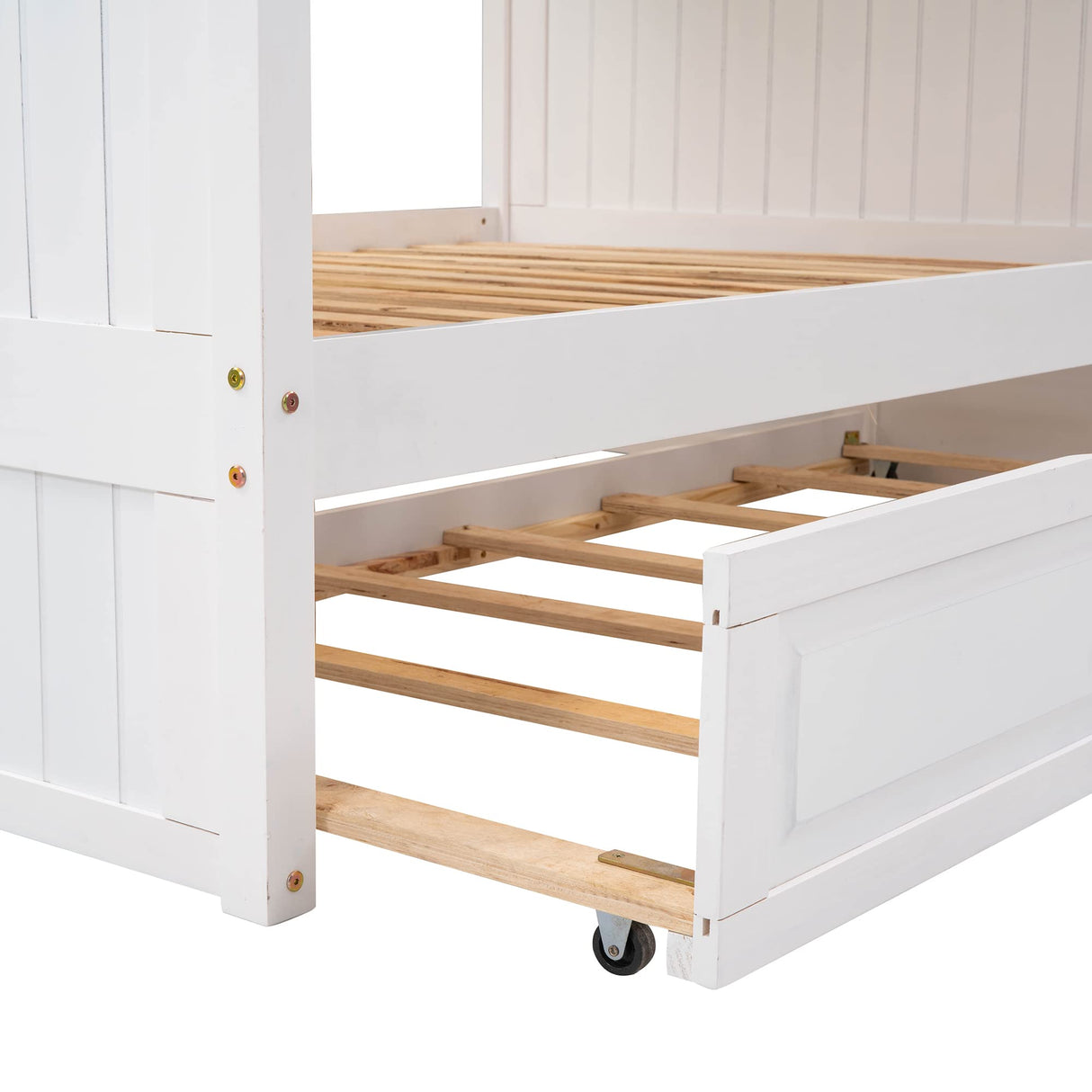 Ball & Cast Full Over Full Bunk Bed with Twin-Size Trundle,Pine Wood Bunkbed w/Stairway and Full-Length Guardrails,Into 2 Individual Beds,Slat Support,Bedframe Furniture for Student Dorms,White Ball & Cast