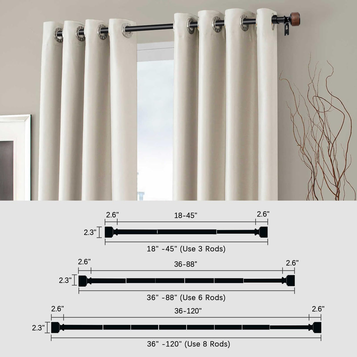 LOPTG Curtain Rods for Windows 38 to 112 Inch, 1 Inch Diameter Modern Adjustable Decorative Drapery Rods, Window Curtain Rod with Imitation Wood Grain Finials, Black, Size:36"-120" LOPTG