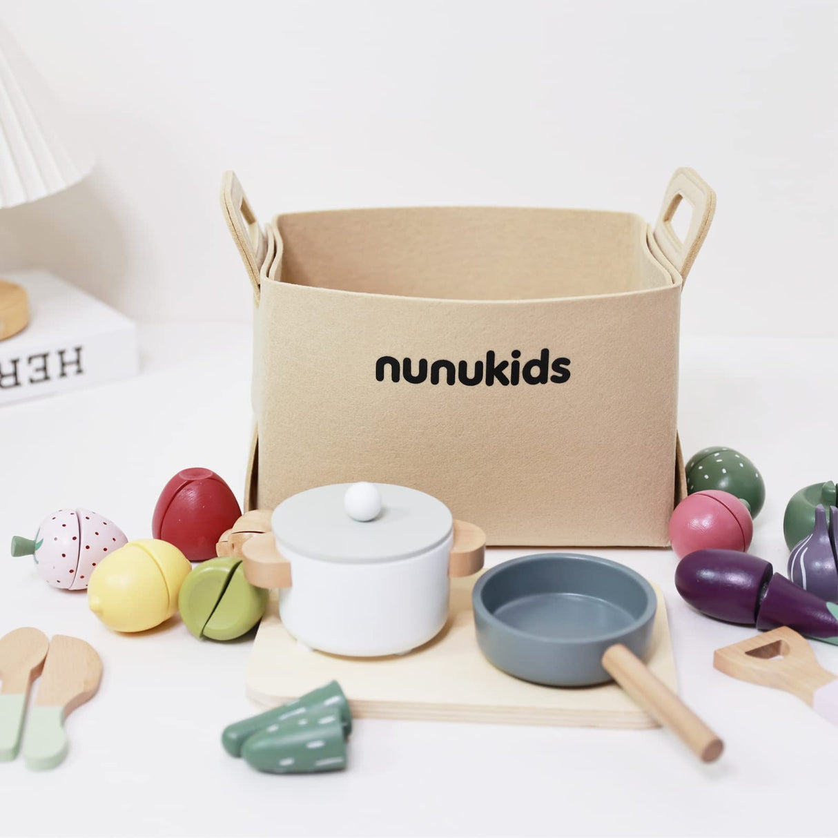 nunukids Wooden Play Food Sets for Kids Kitchen 42 pc Wooden Toys with Storage Basket Wood Pretend Food Play Kitchen Accessories Set nunukids
