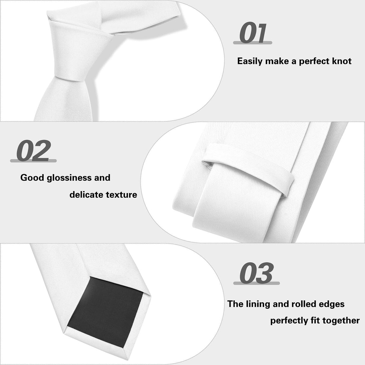 PenSee Men's White Tie Set Solid Pure Color 3.15" (8CM) Classic Formal Plain Necktie and Pocket Square Set For Men PenSee