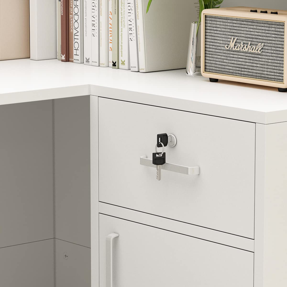 Homsee Reception Desk L-Shaped Office Desk with Counter, 1 Door Storage Cabinet, 1 Lockable Drawer, Hutch Shelf & Keyboard Tray, White Homsee