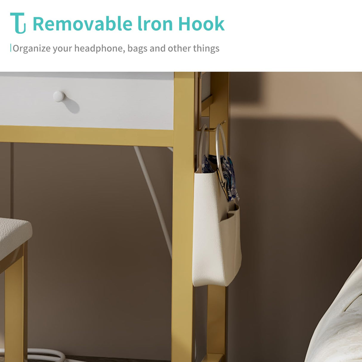 Lufeiya Small Makeup Vanity Desk with Fabric Drawers, 32 inch White Vanity Desks with Mirror and Light, Dressing Table and Chair Set with Power Outlet for Girls Bedroom, White Gold Lufeiya