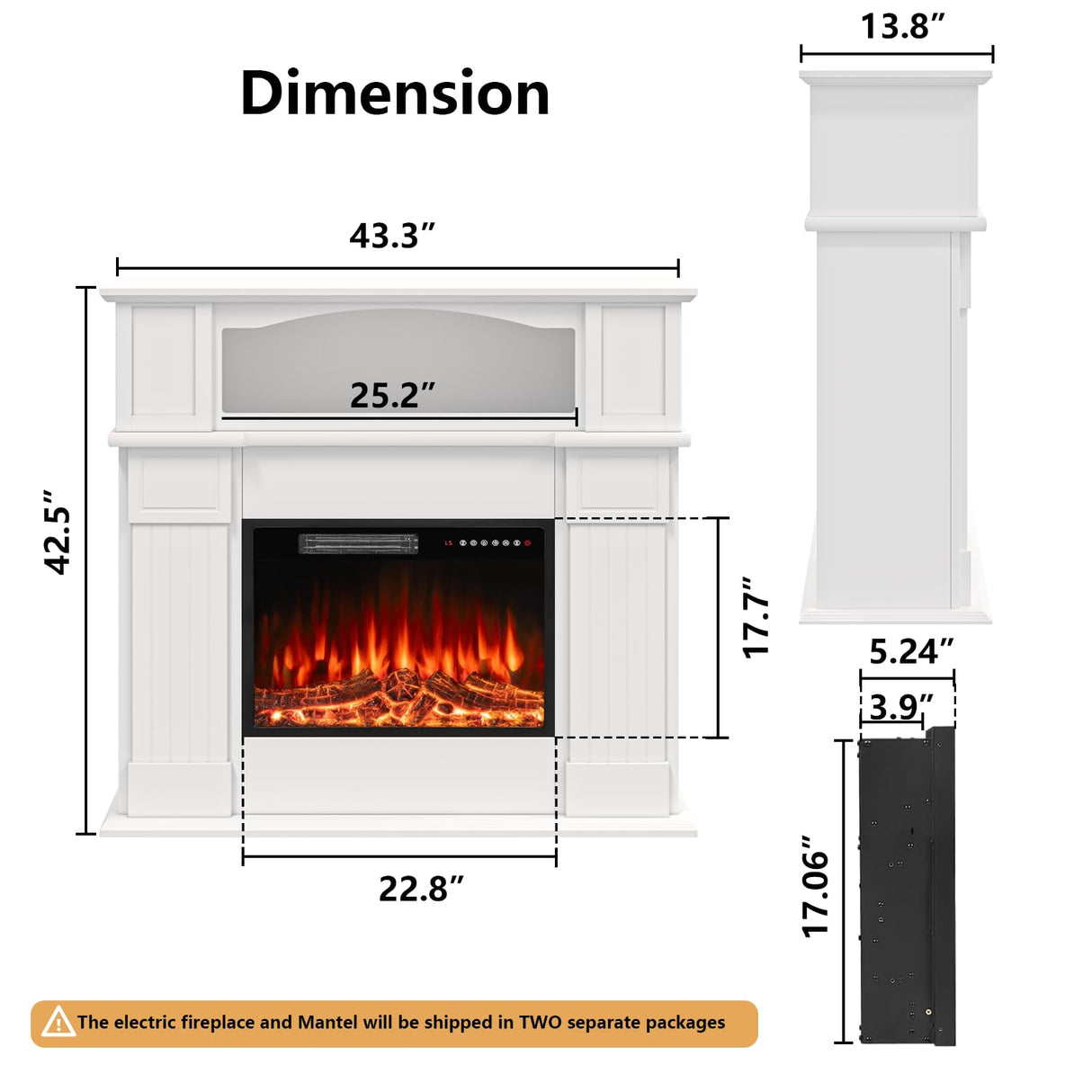 BOSSIN 43" Electric Fireplace with Mantel, 23 inch Electric Fireplace Insert, Freestanding TV Stand with Fireplace Heater,Wooden Surround Firebox Faux Log & Led Flames, Remote Control,750W/1500W White BOSSIN