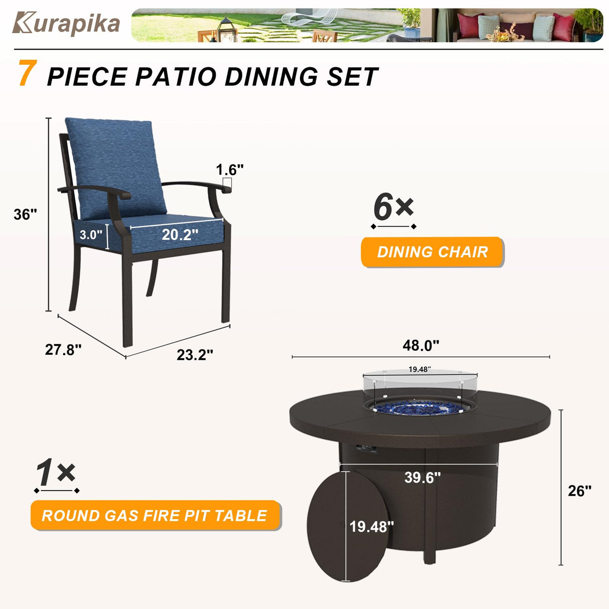Kurapika 7 Piece Metal Outdoor Patio Furniture Set with 48" Round Fire Pit Table, Patio Conversation Sets 6 Fixed Chairs with Thick Cushion and 40000 BTU Propane Fire Pit Table, Navy Blue Kurapika