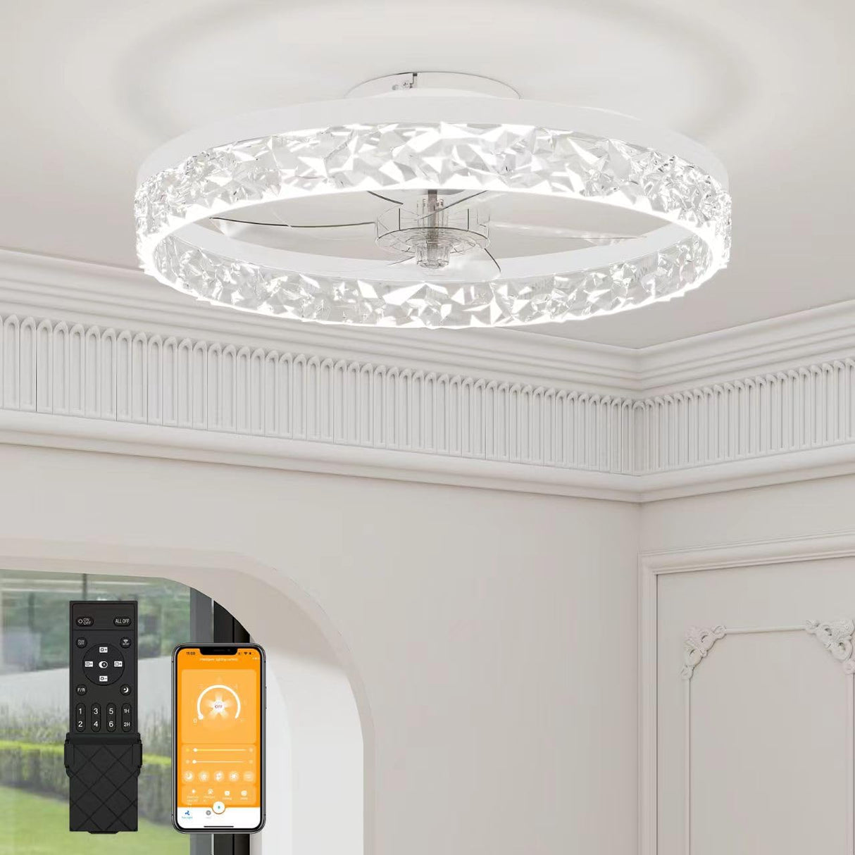 VOLISUN Modern Ceiling Fans with Lights and Remote, 19.7in Low Profile Ceiling Fan Flush Mount, 3000K-6500K Dimmable Bladeless LED Fan Light, White Fandelier Ceiling Fans with Lights for Bedroom VOLISUN