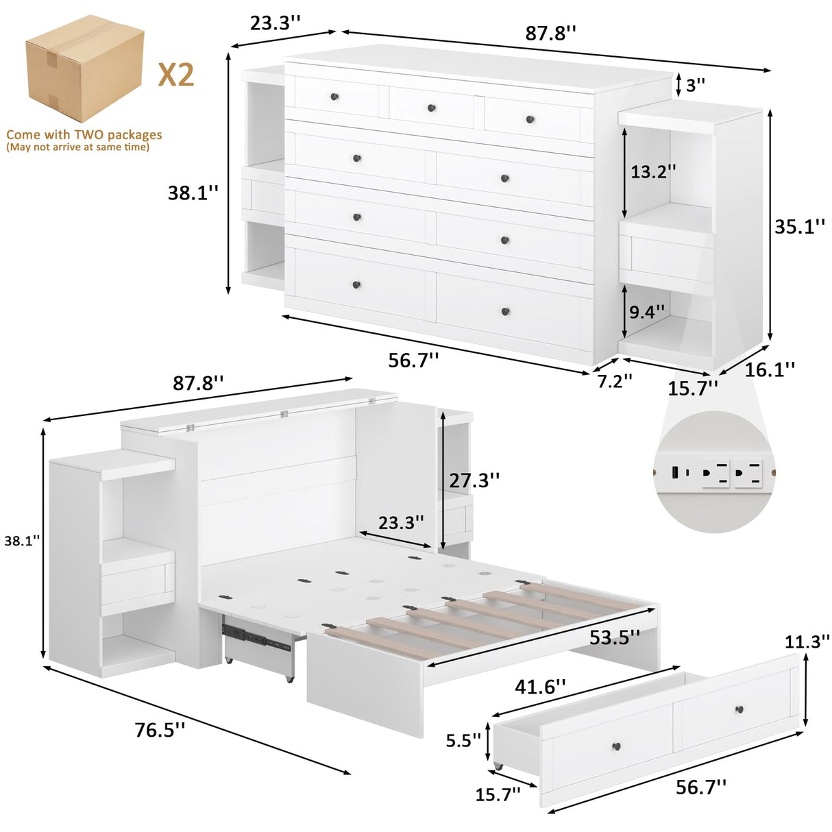 LIVAUVEAD Full Size Murphy Bed with Bedside Tables,Full Size Foldable Cabinet Bed Frame with Charging Station & Drawer,Murphy Bed Chest with Adjustable LED Light for Bedroom,Guest Room,White LIVAUVEAD